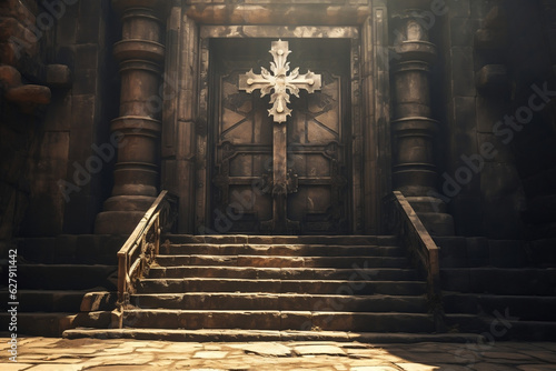 Fotografija The Mystical Journey: Shadowy Crucifix and Rustic Door in Ancient Pathway
