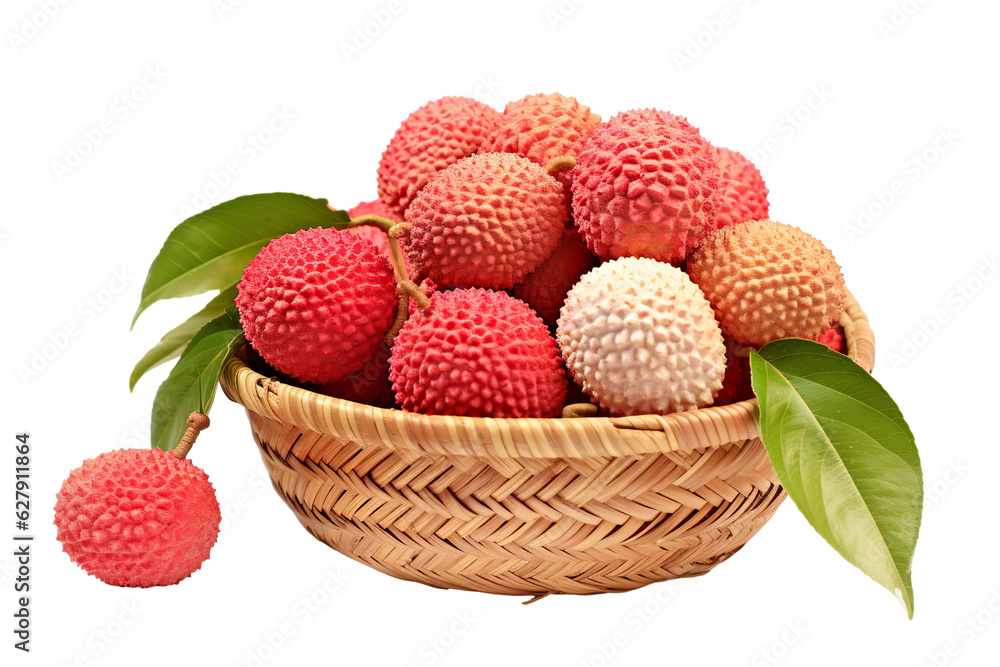 A realistic portrait of lychee in a basket, isolated PNG A realistic portrait of lychee in a basket, isolated PNG