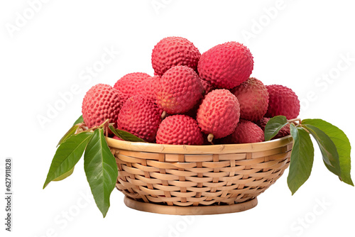 A realistic portrait of lychee in a basket, isolated PNG
