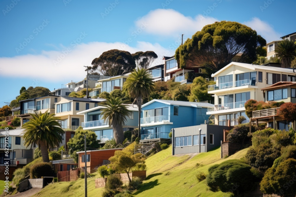 A residential area in Beach Haven, Auckland, New Zealand, consisting of houses built on a hillside.