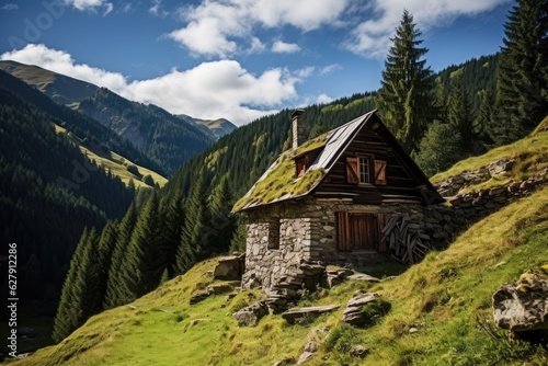 A small dwelling without connection to public utilities, located in the mountains. photo