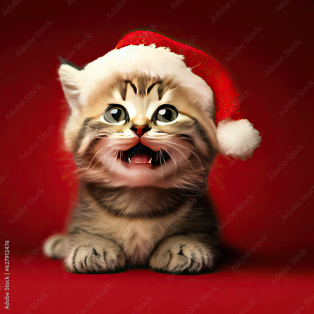 Cute Baby Cat in Santa Hat, Festive Red Background, Generative AI Cute Baby Cat in Santa Hat, Festive Red Background, Generative AI