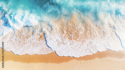 Banner with beach background and blue ocean. Vacation concept. Copy space. Generative AI