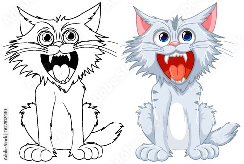 Fototapeta Naklejka Na Ścianę i Meble -  Ferocious Cat with Open Mouth and Sharp Teeth