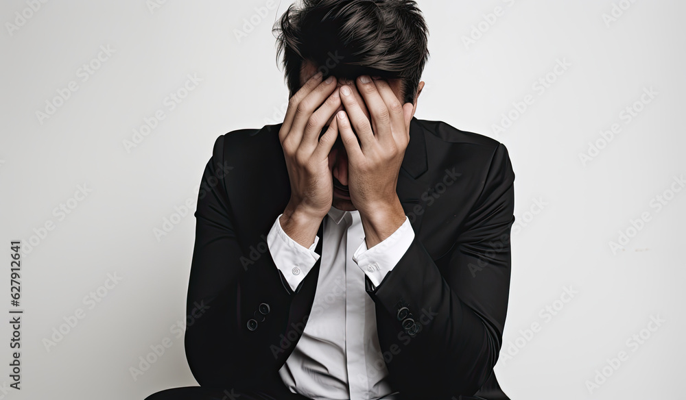 man in suit, covering his face with his hands. Mental health concept man in suit, covering his face with his hands. Mental health concept