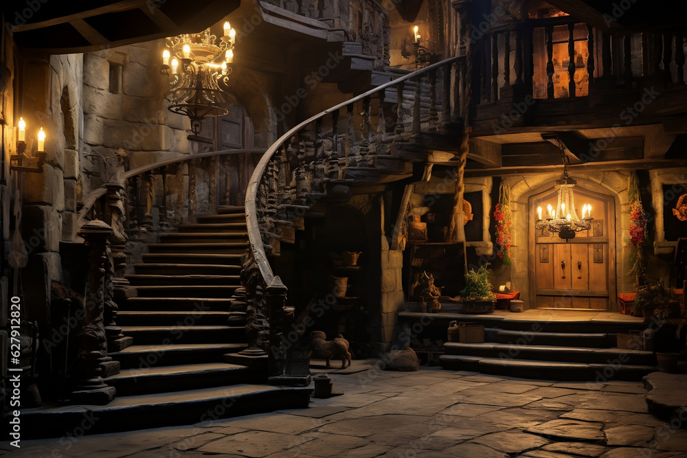 Obraz premium Glowing oak doorway at the top of a medieval tower stair