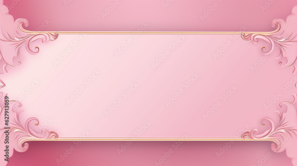 Empty classic pink pastel banner, background. Retro vintage style. Old postcard with gold ornament border. Copy space. Generative AI