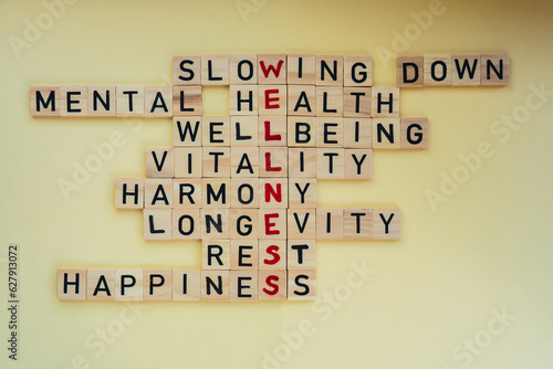 Top view of WELLNESS word on yellow background. Minimalism creative crossword puzzle concept. Message of text Slowing down mental health wellbeing vitality harmony longevity rest happiness. Supportive