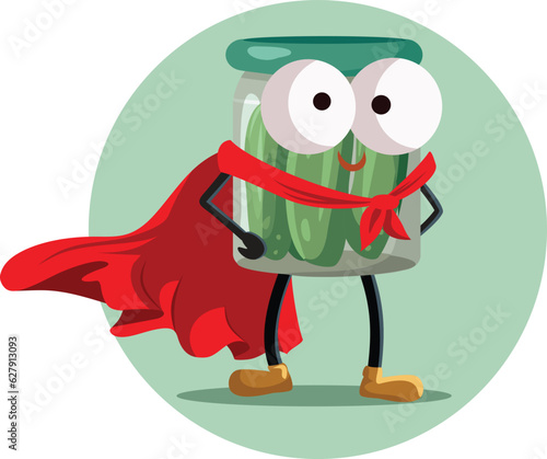 Jar of Pickles Wearing Superhero Cape Vector Mascot Cartoon Illustration. Strong flavored marinated cucumbers funny character
