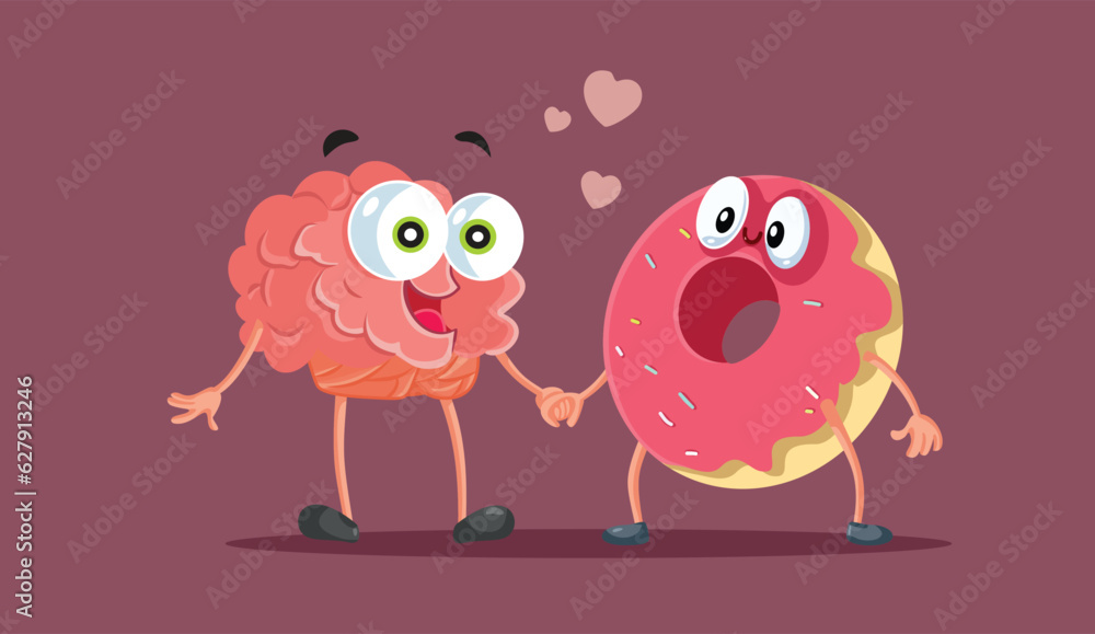 Happy Brain and Donut Characters Walking Together Vector Cartoon. Sugar addiction concept illustration of dopamine rush effect 
