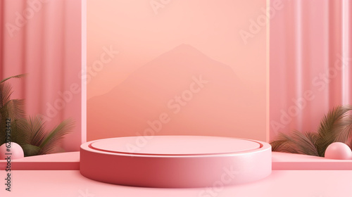 Pink podium or stage for product presentation. Background with mountains. Copy space. Generative AI