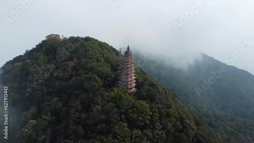 Old Pagoda Bavi National park, Hanoi, Vietnam. Aerial in the clouds photo