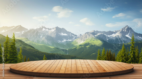 Wooden podium or stage for product presentation. Background, landscape with forest and mountains. Generative AI