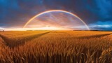 Wheat field with rainbow and blue clouds. AI generation 