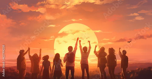Illustration of silhouette of family and friends holding hand and arms raise in triumph at sunrise