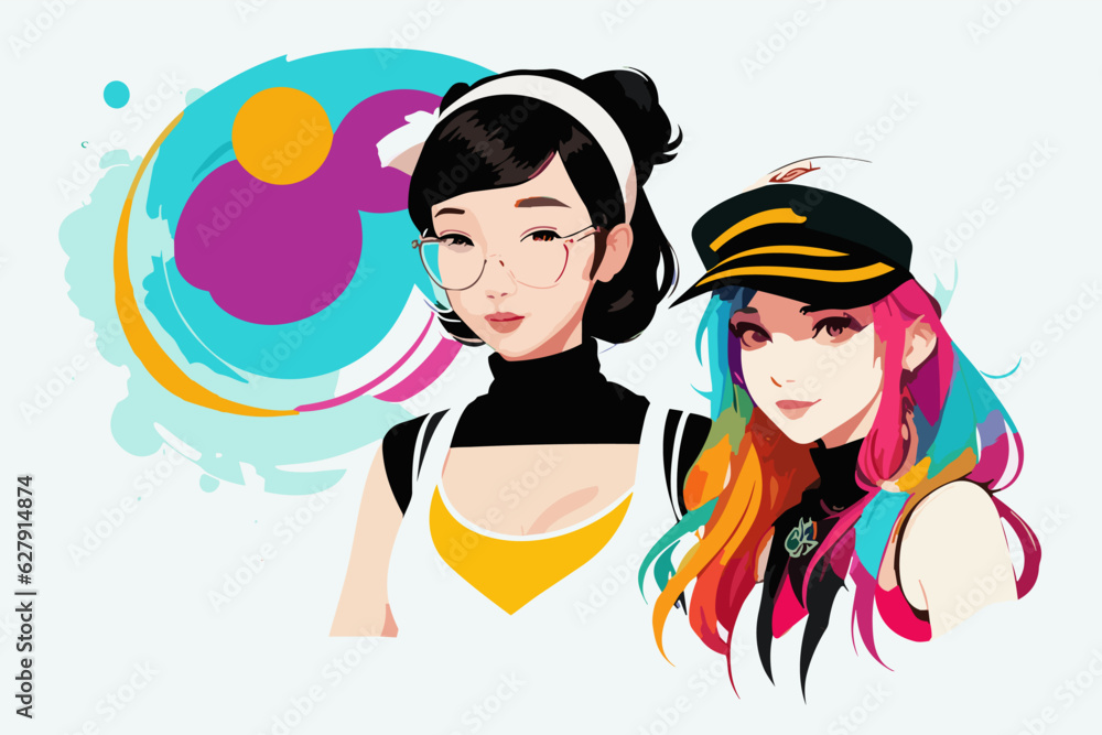 Portrait of two young women. Friends. Cosplay. Vector illustration isolated on white background. Book illustration.