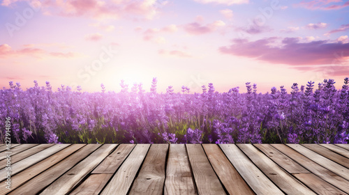Empty brown wooden board or table background with view on purple lavender field. Copy space. Generative AI