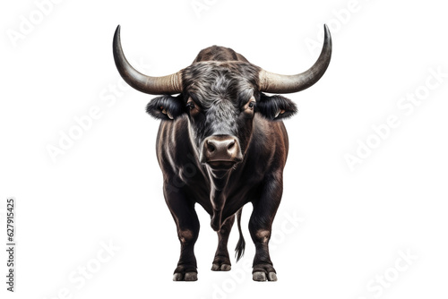 Strongest dark brown bull with muscles and long horns portrait looking at camera isolated on clear png background, Animals Fighter concept, with Generative Ai.
