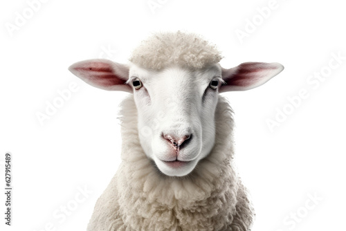 Fotografia White fluffy sheep farm portrait looking at camera isolated on clear png background, funny moment, Farmland animals concept, with Generative Ai