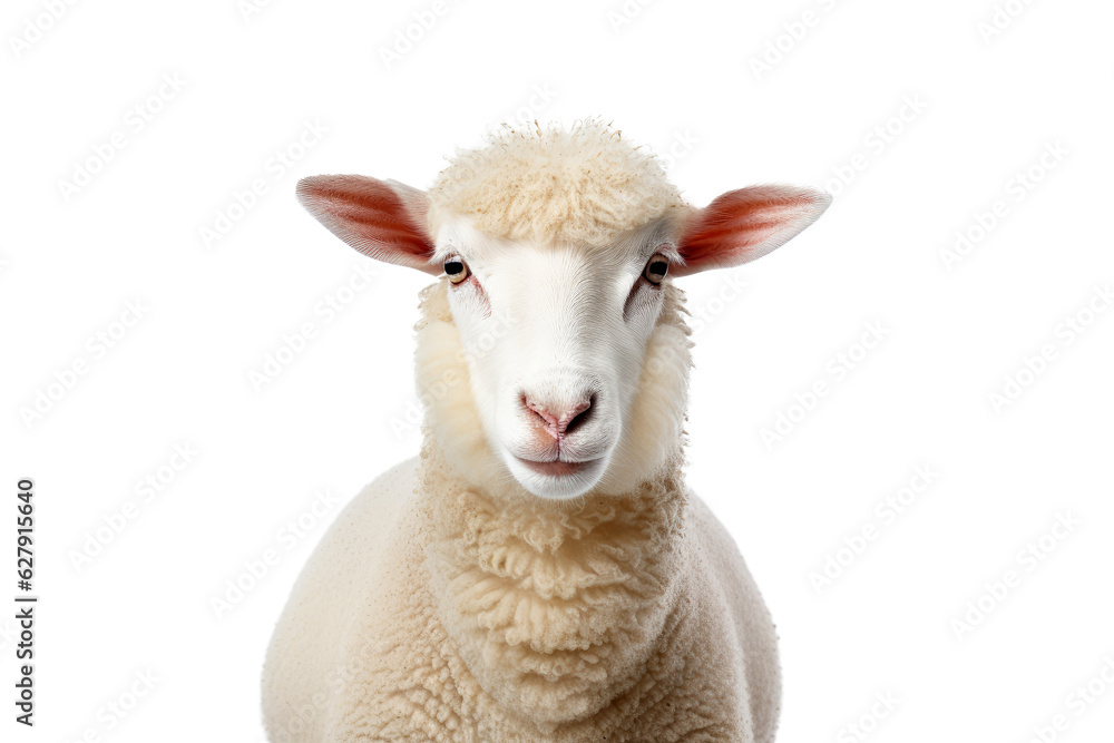Fototapeta premium White fluffy sheep farm portrait looking at camera isolated on clear png background, funny moment, Farmland animals concept, with Generative Ai.