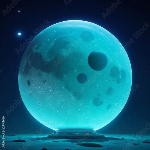 blue huge sphere with a distant moon glowing earily Generative AI photo