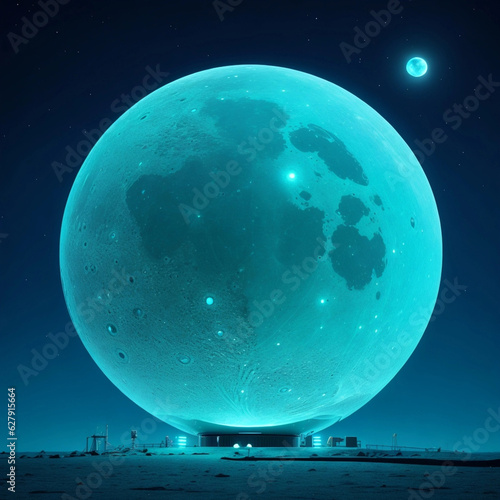 blue huge sphere with a distant moon glowing earily Generative AI photo
