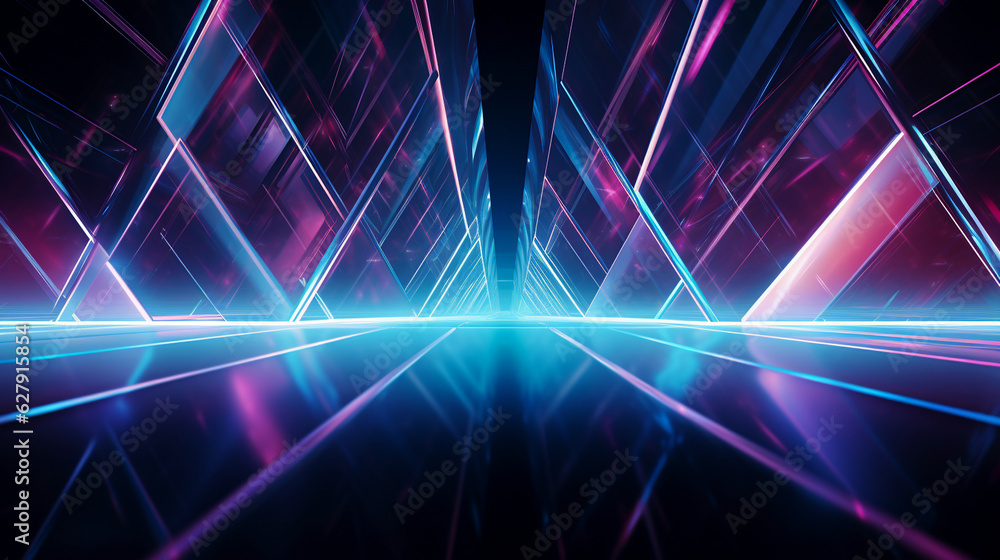 Futuristic empty neon corridor. Pink and blue lights on dark background.  Copy space.  Generative AI