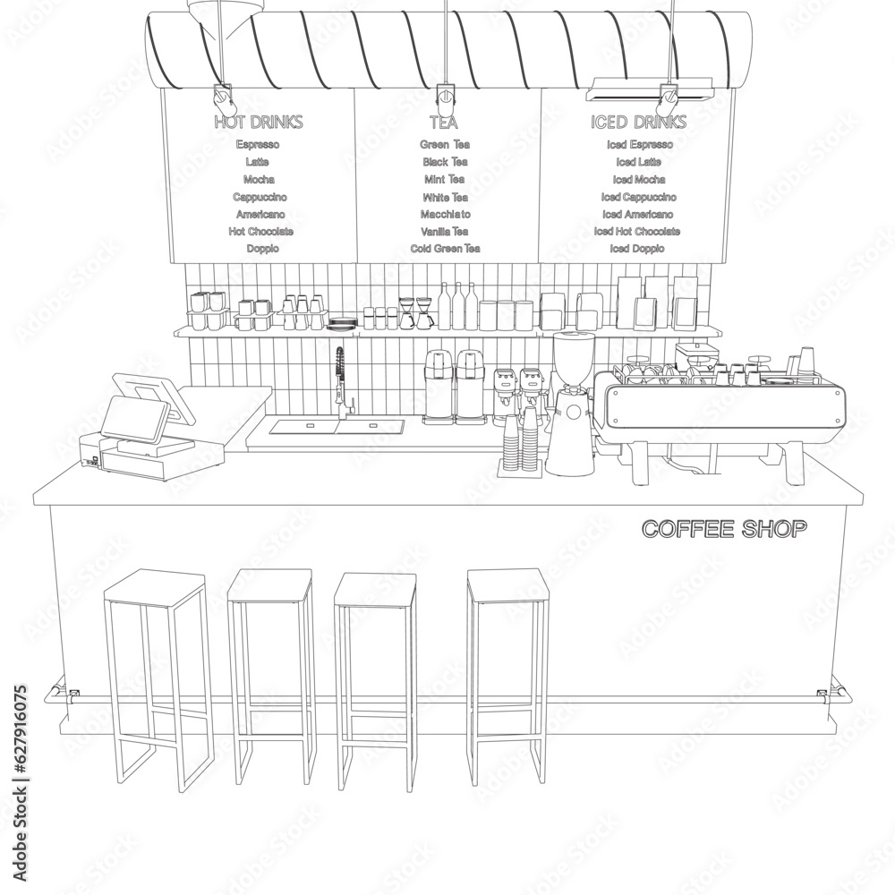 Empty cafe interior contour. Flat design vector illustration. Interior background , modern coffee shop counter bar scene. Coffeehouse, coffee shop or cafe.