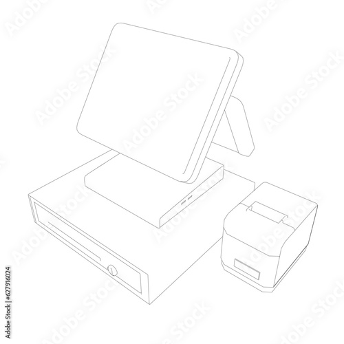 Outline of cash register with bar code reader, credit card reader and receipts printer. Cash machine contour. Vector illustration.