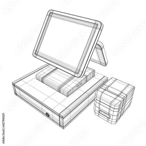 Wireframe of cash register with bar code reader, credit card reader and receipts printer. Cash machine wireframe. Vector illustration. 3D.
