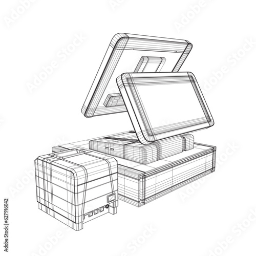 Wireframe of cash register with bar code reader, credit card reader and receipts printer. Cash machine wireframe. Vector illustration. 3D.