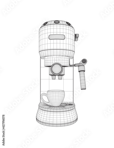 Coffee maker machine with coffee cup wireframe flat design. Wireframe Espresso Machine Flat Design Coffee Tea Icon. Vector illustration. 3D.