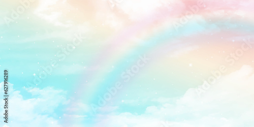 A soft cloud background with a pastel colored orange to blue gradient. Fantasy magical landscape the rainbow on sky abstract with a pastel colored background and wallpaper.