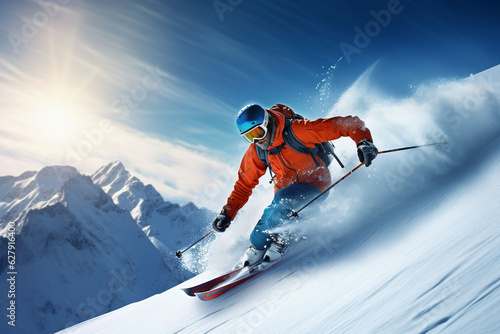 Skier skiing downhill in high mountains © platobanpo