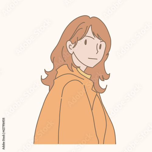 Woman looking back or looking over shoulder. Hand drawn flat cartoon character vector illustration.