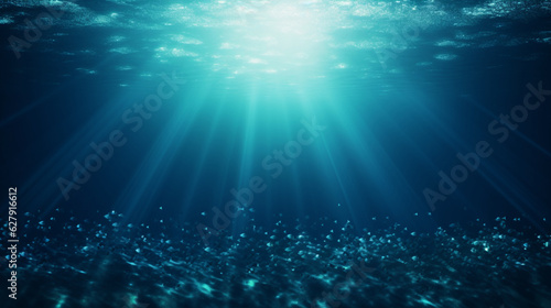 Blue shiny underwater background. Rays of sun. Generative AI
