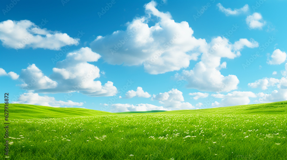 Banner with green grass field with blue sky background. Generative AI Banner with green grass field with blue sky background. Generative AI