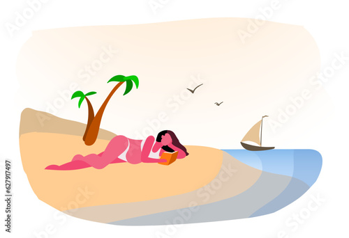a young, pregnant girl enthusiastically reads a book on the beach. Sea and ship