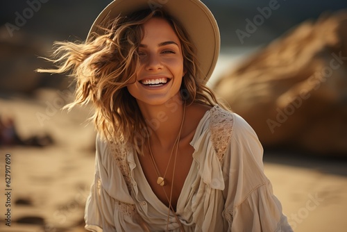 Happy young woman on the be...