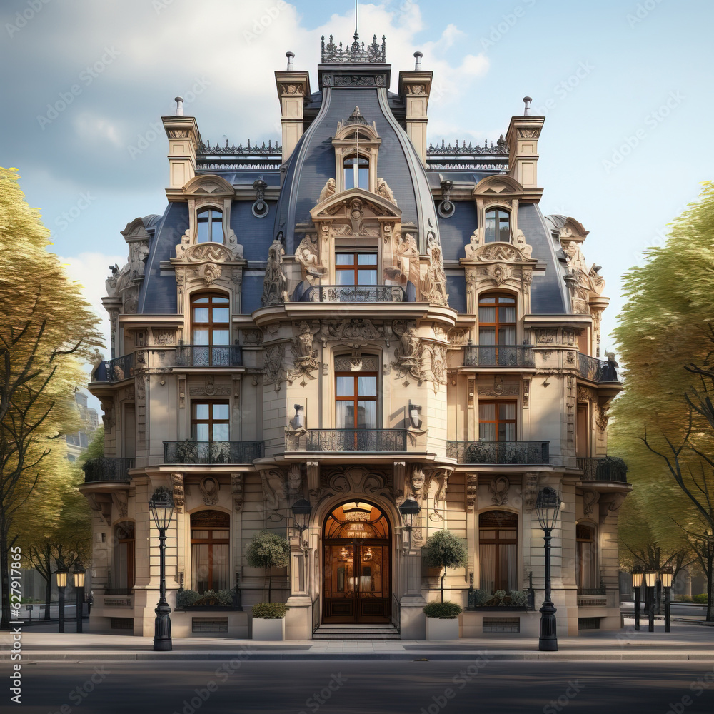 Obraz premium Old Parisian building model, generative ai