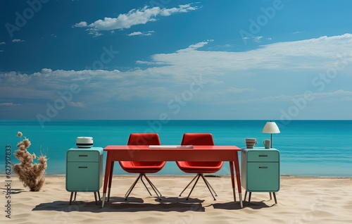 office meeting furniture in the middle of the beach, generative ai