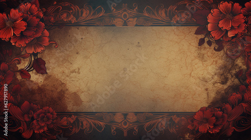 Empty classic banner, background with red flowers border. Retro vintage style. Old postcard. Copy space.