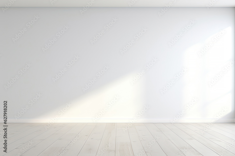Minimal interior empty room with blank wall and floor with natural sun light cast shadow of window, cozy tone style background, copy space for mock-up, with Generative Ai. Minimal interior empty room with blank wall and floor with natural sun light cast shadow of window, cozy tone style background, copy space for mock-up, with Generative Ai.