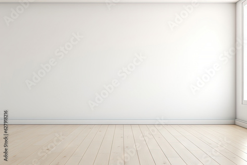 Minimal interior empty room with blank wall and floor with natural sun light cast shadow of window  cozy tone style background  copy space for mock-up  with Generative Ai.