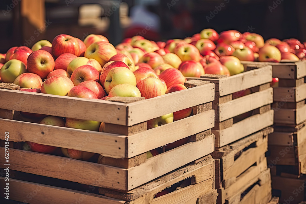 Close-up of wooden crates full of ripe apples Close-up of wooden crates full of ripe apples