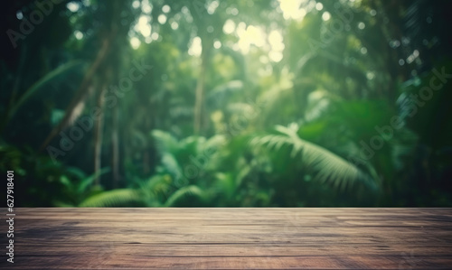 Empty wooden table with rainforest background