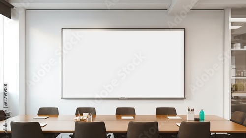 A pristine whiteboard in a modern meeting room, ready for ideas and brainstorming. Generative AI