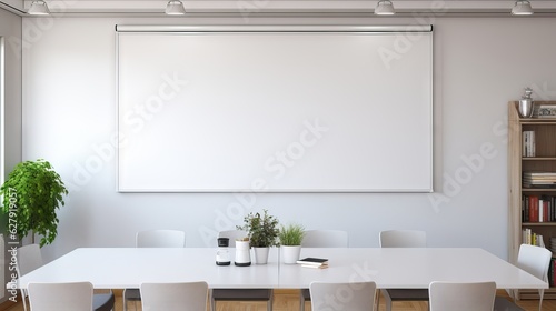 A pristine whiteboard in a modern meeting room, ready for ideas and brainstorming. Generative AI