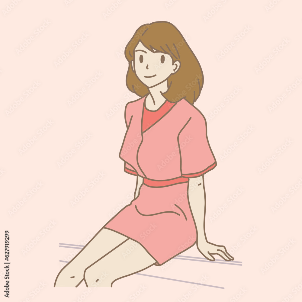 Young woman sitting on a blank panel. Hand drawn flat cartoon character vector illustration. Young woman sitting on a blank panel. Hand drawn flat cartoon character vector illustration.