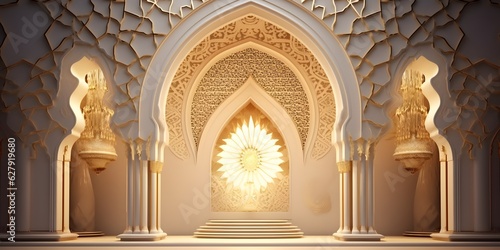 mosque element in ornate arabic, Islamic architecture style interior. White, golden colors, stars Ramadan Kareem. Muslim community festival. Generative AI